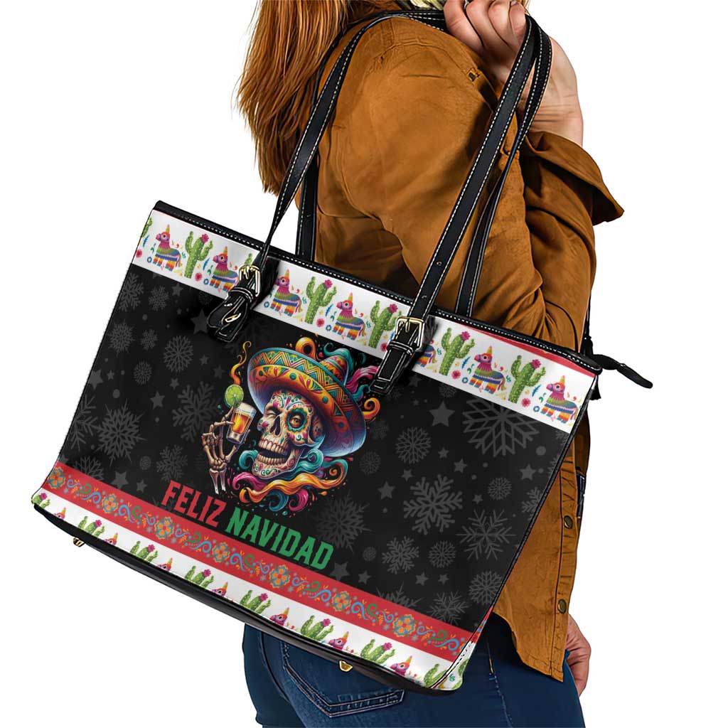 Mexican Sugar Skull Leather Tote Bag Feliz Navidad Mexico - Wonder Print Shop