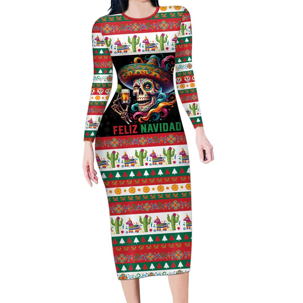 Mexican Sugar Skull Long Sleeve Bodycon Dress Feliz Navidad Mexico - Wonder Print Shop