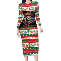 Mexican Sugar Skull Long Sleeve Bodycon Dress Feliz Navidad Mexico - Wonder Print Shop