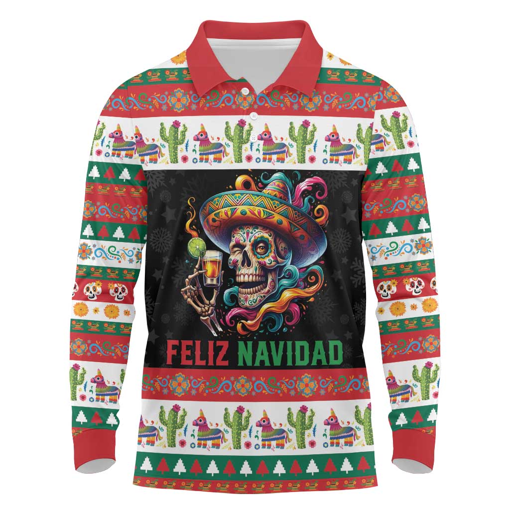Mexican Sugar Skull Long Sleeve Polo Shirt Feliz Navidad Mexico - Wonder Print Shop