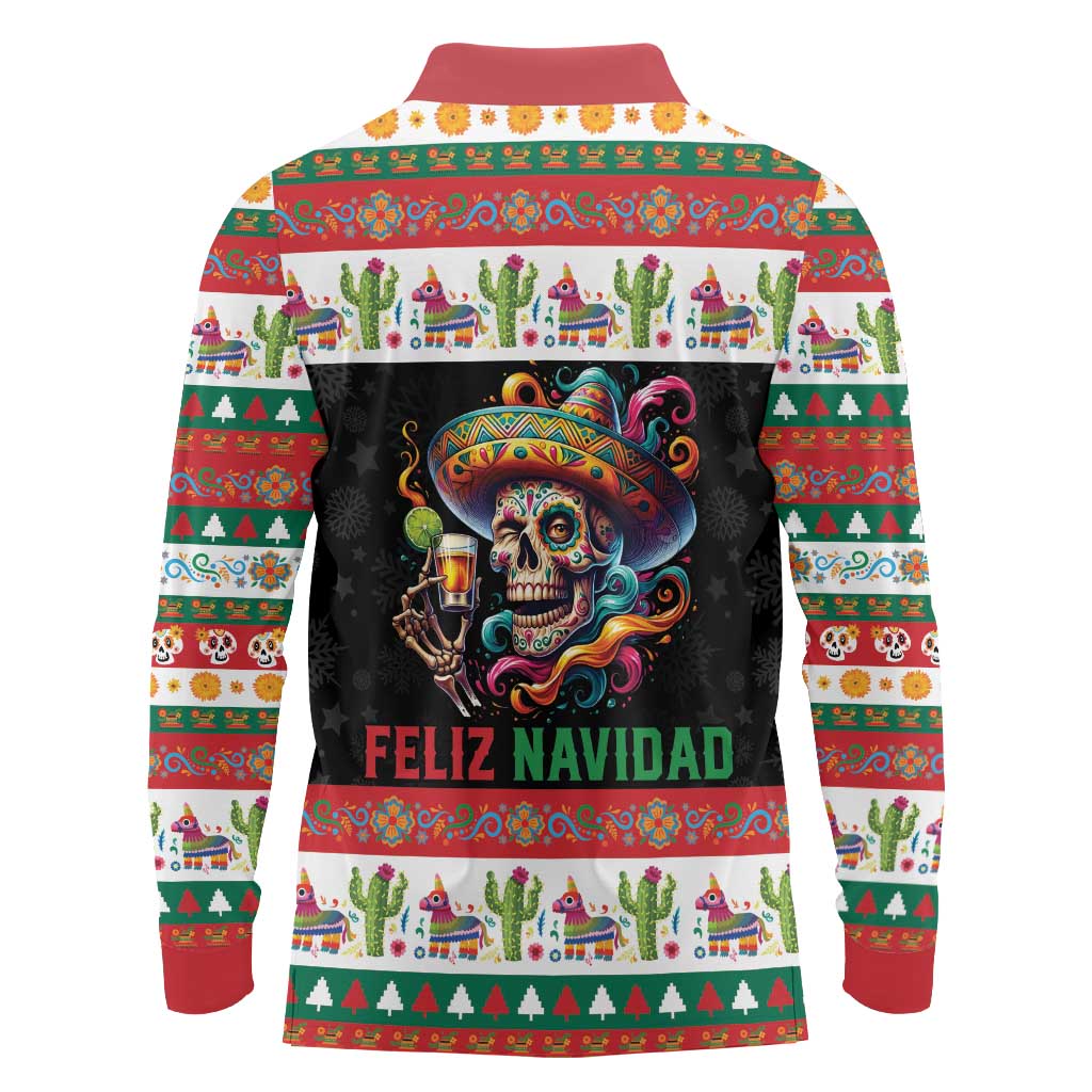 Mexican Sugar Skull Long Sleeve Polo Shirt Feliz Navidad Mexico - Wonder Print Shop