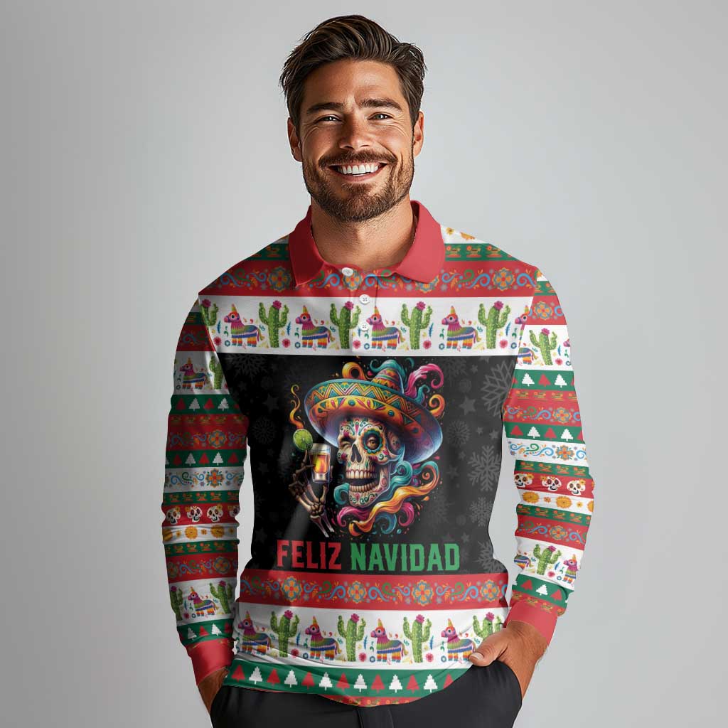 Mexican Sugar Skull Long Sleeve Polo Shirt Feliz Navidad Mexico - Wonder Print Shop