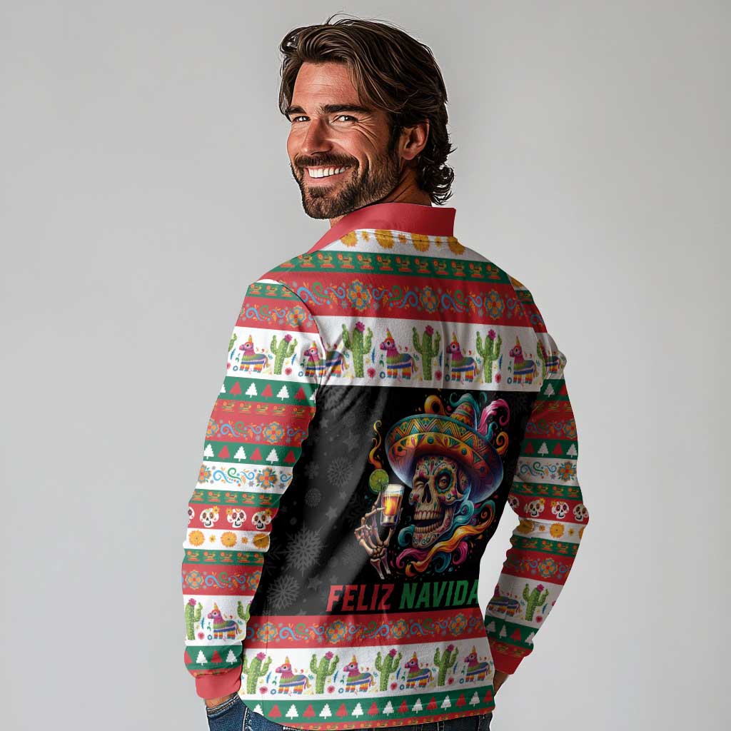 Mexican Sugar Skull Long Sleeve Polo Shirt Feliz Navidad Mexico - Wonder Print Shop