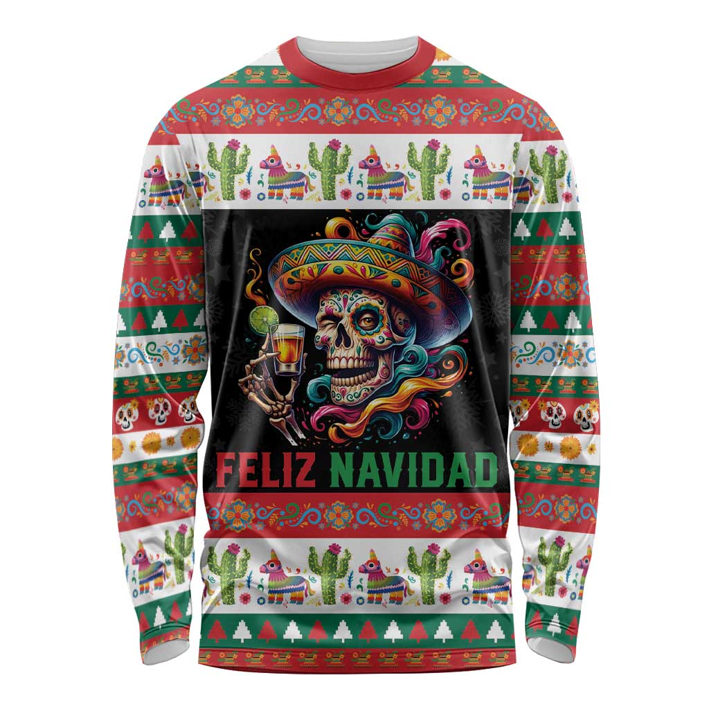 Mexican Sugar Skull Long Sleeve Shirt Feliz Navidad Mexico - Wonder Print Shop