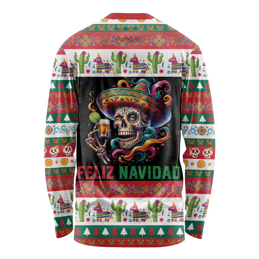 Mexican Sugar Skull Long Sleeve Shirt Feliz Navidad Mexico - Wonder Print Shop