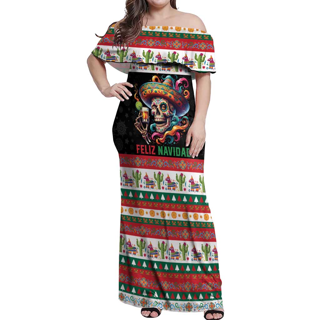 Mexican Sugar Skull Off Shoulder Maxi Dress Feliz Navidad Mexico - Wonder Print Shop