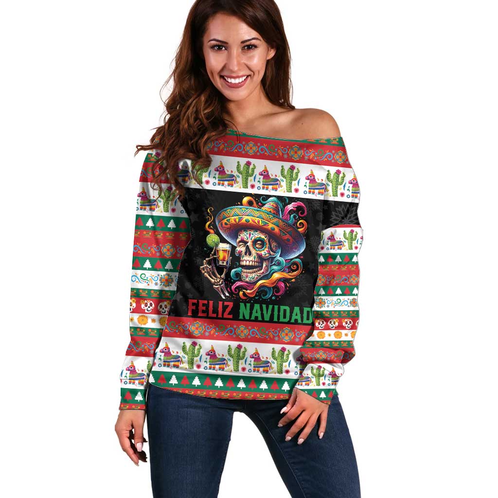 Mexican Sugar Skull Off Shoulder Sweater Feliz Navidad Mexico - Wonder Print Shop
