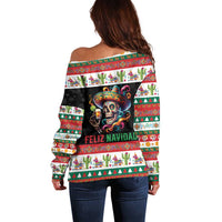 Mexican Sugar Skull Off Shoulder Sweater Feliz Navidad Mexico - Wonder Print Shop