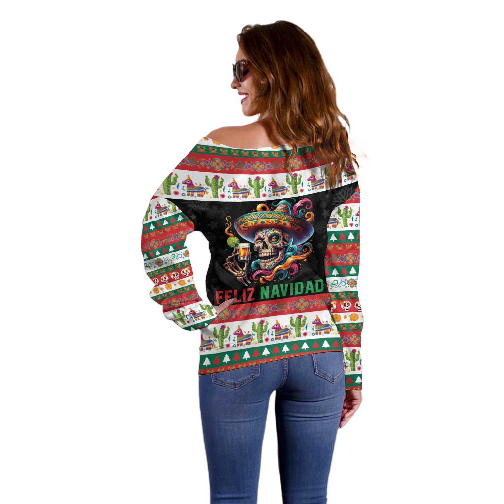 Mexican Sugar Skull Off Shoulder Sweater Feliz Navidad Mexico - Wonder Print Shop