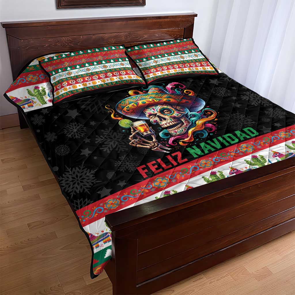 Mexican Sugar Skull Quilt Bed Set Feliz Navidad Mexico - Wonder Print Shop