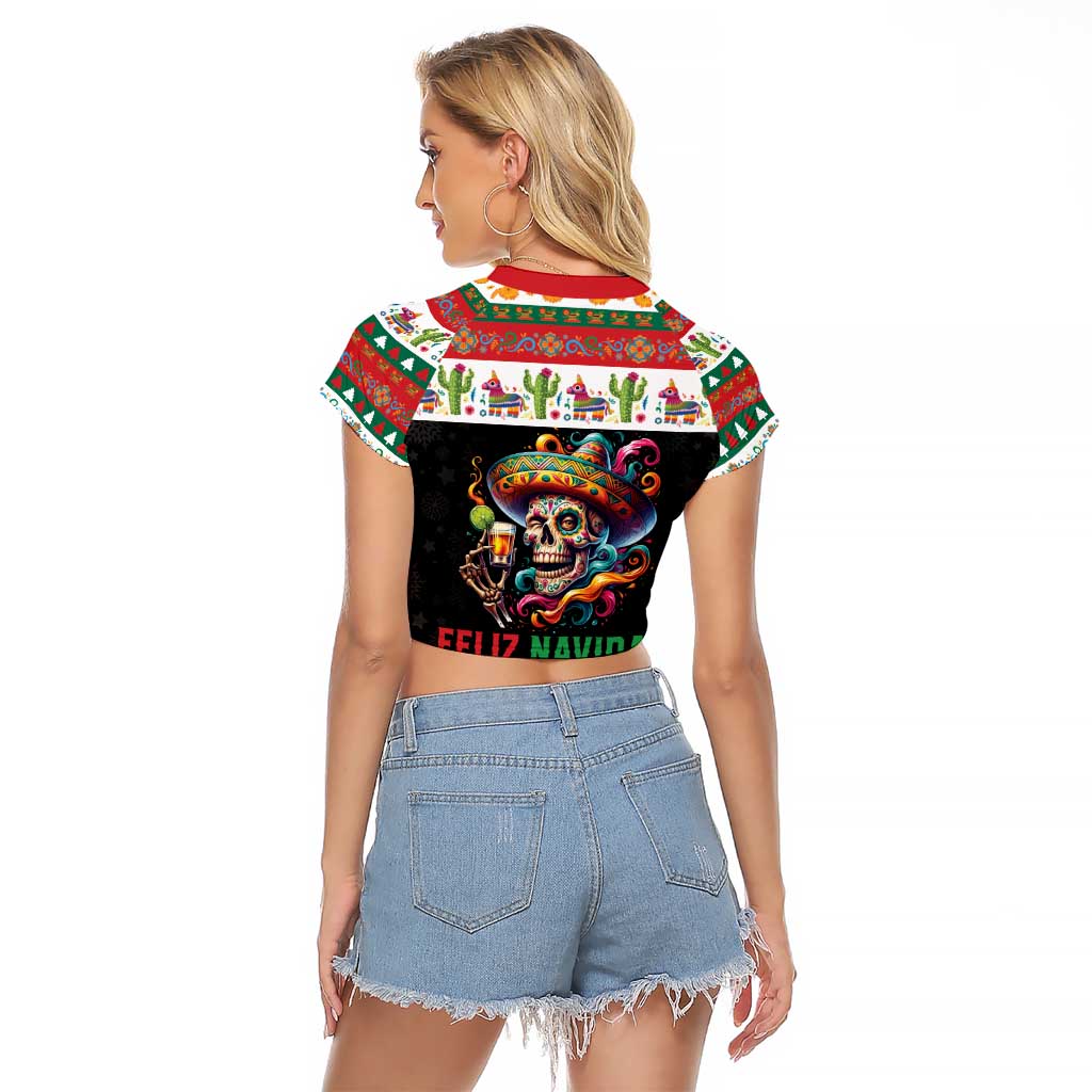 Mexican Sugar Skull Raglan Cropped T Shirt Feliz Navidad Mexico - Wonder Print Shop