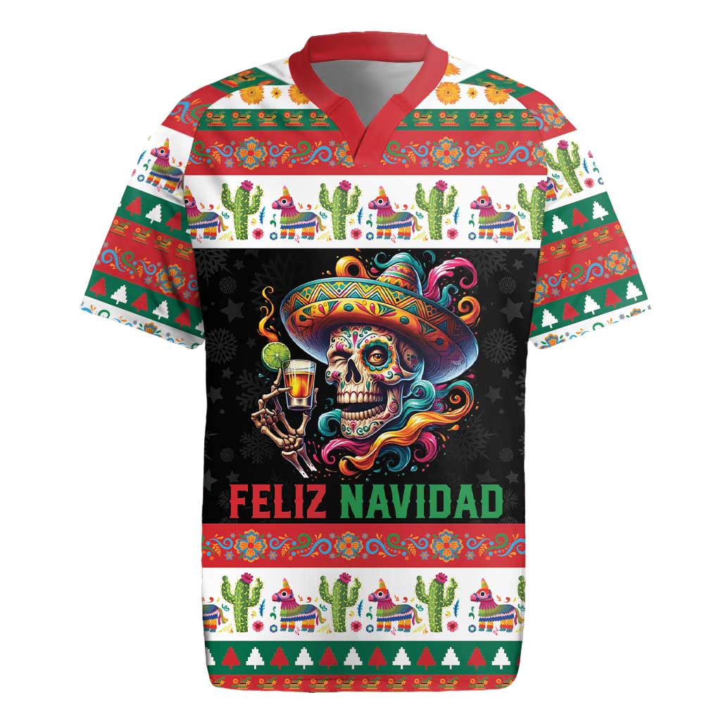 Mexican Sugar Skull Rugby Jersey Feliz Navidad Mexico - Wonder Print Shop