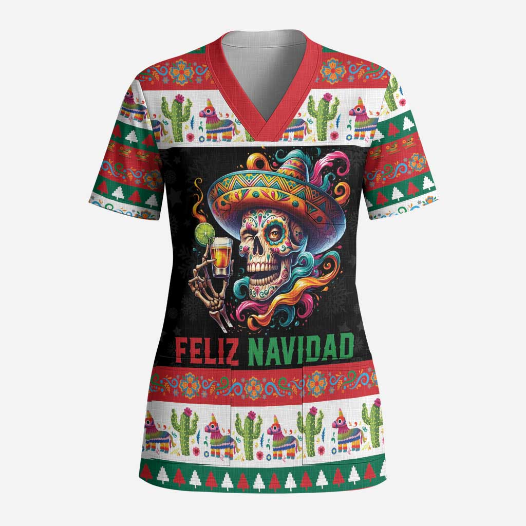 Mexican Sugar Skull Scrub Top Feliz Navidad Mexico - Wonder Print Shop