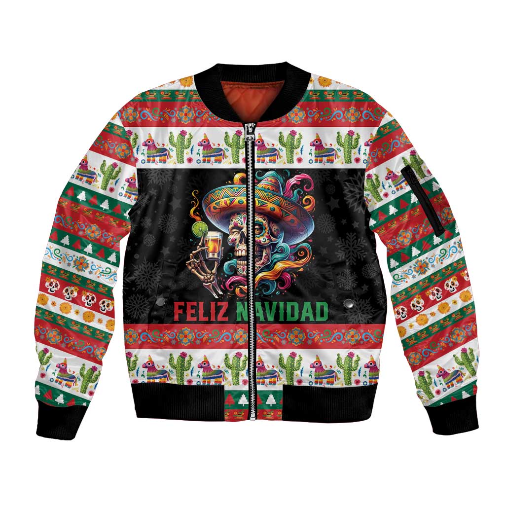Mexican Sugar Skull Sleeve Zip Bomber Jacket Feliz Navidad Mexico - Wonder Print Shop