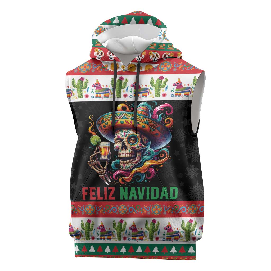 Mexican Sugar Skull Sleeveless Hoodie Feliz Navidad Mexico - Wonder Print Shop