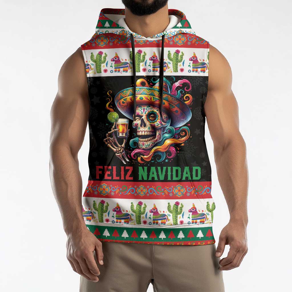 Mexican Sugar Skull Sleeveless Hoodie Feliz Navidad Mexico - Wonder Print Shop