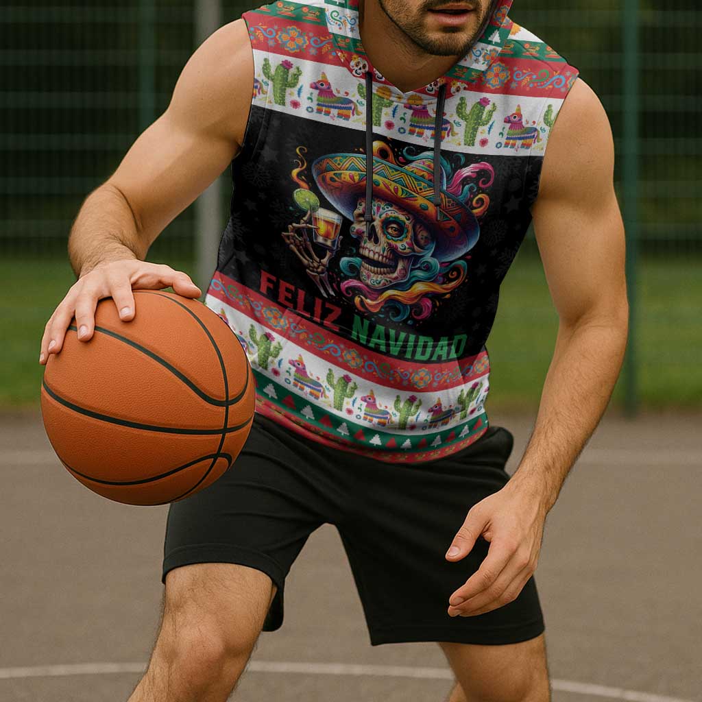 Mexican Sugar Skull Sleeveless Hoodie Feliz Navidad Mexico - Wonder Print Shop