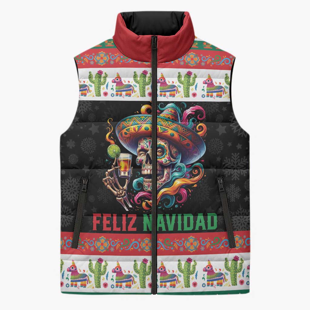 Mexican Sugar Skull Sleeveless Puffer Jacket Feliz Navidad Mexico - Wonder Print Shop