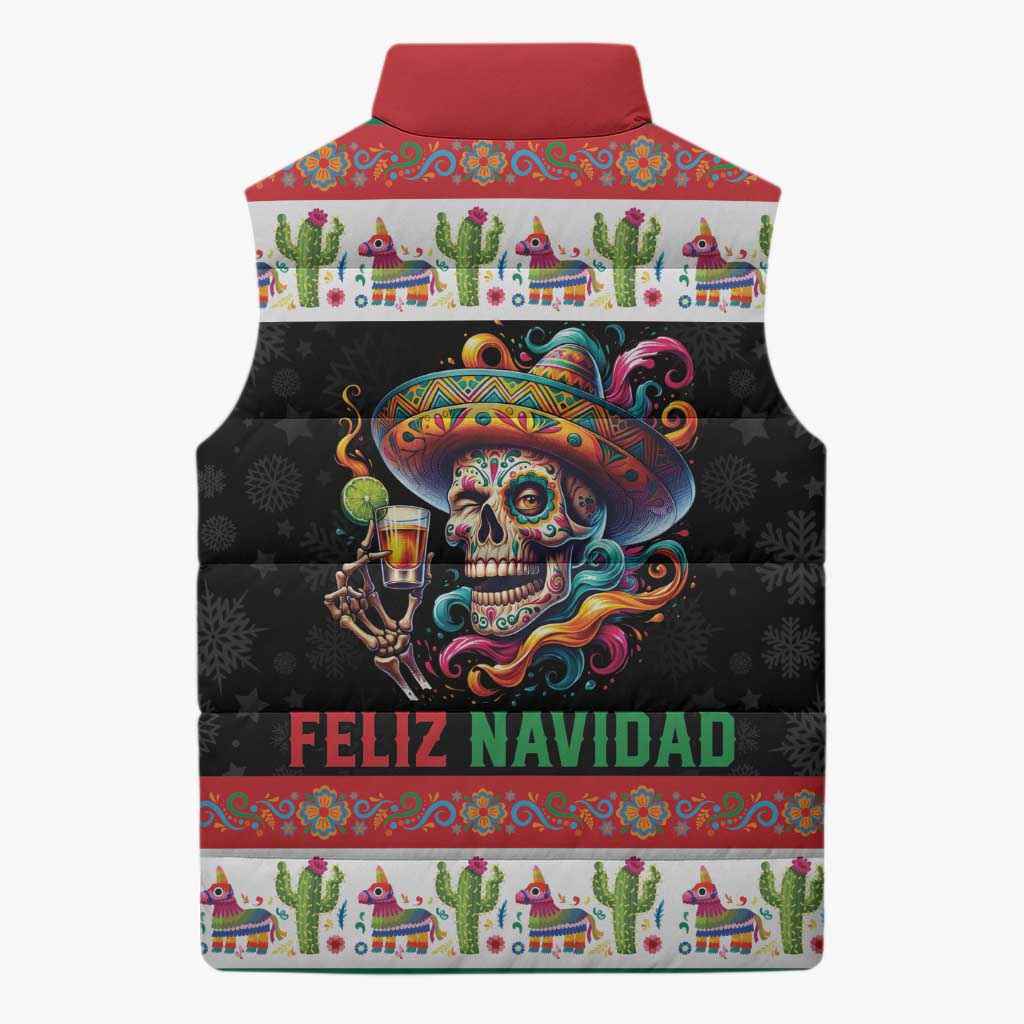 Mexican Sugar Skull Sleeveless Puffer Jacket Feliz Navidad Mexico - Wonder Print Shop