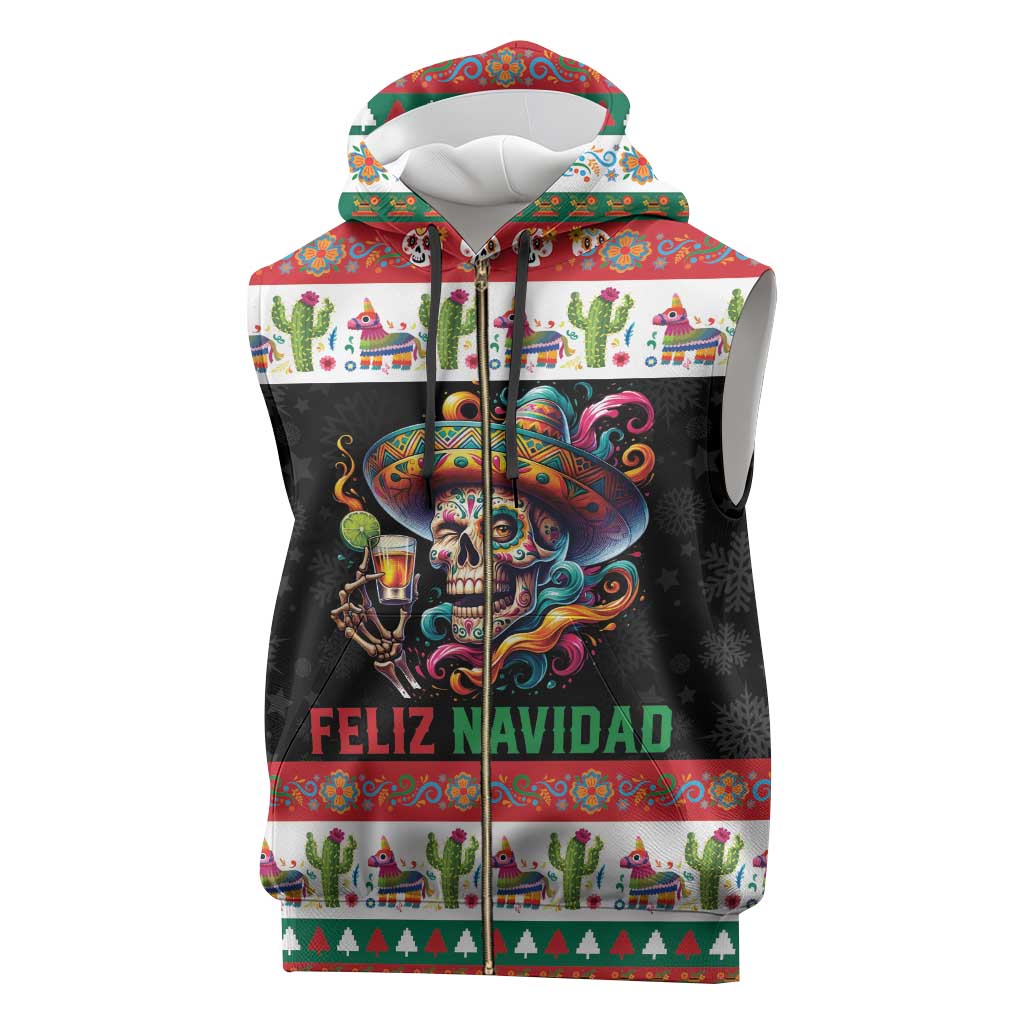 Mexican Sugar Skull Sleeveless Zip Hoodie Feliz Navidad Mexico - Wonder Print Shop
