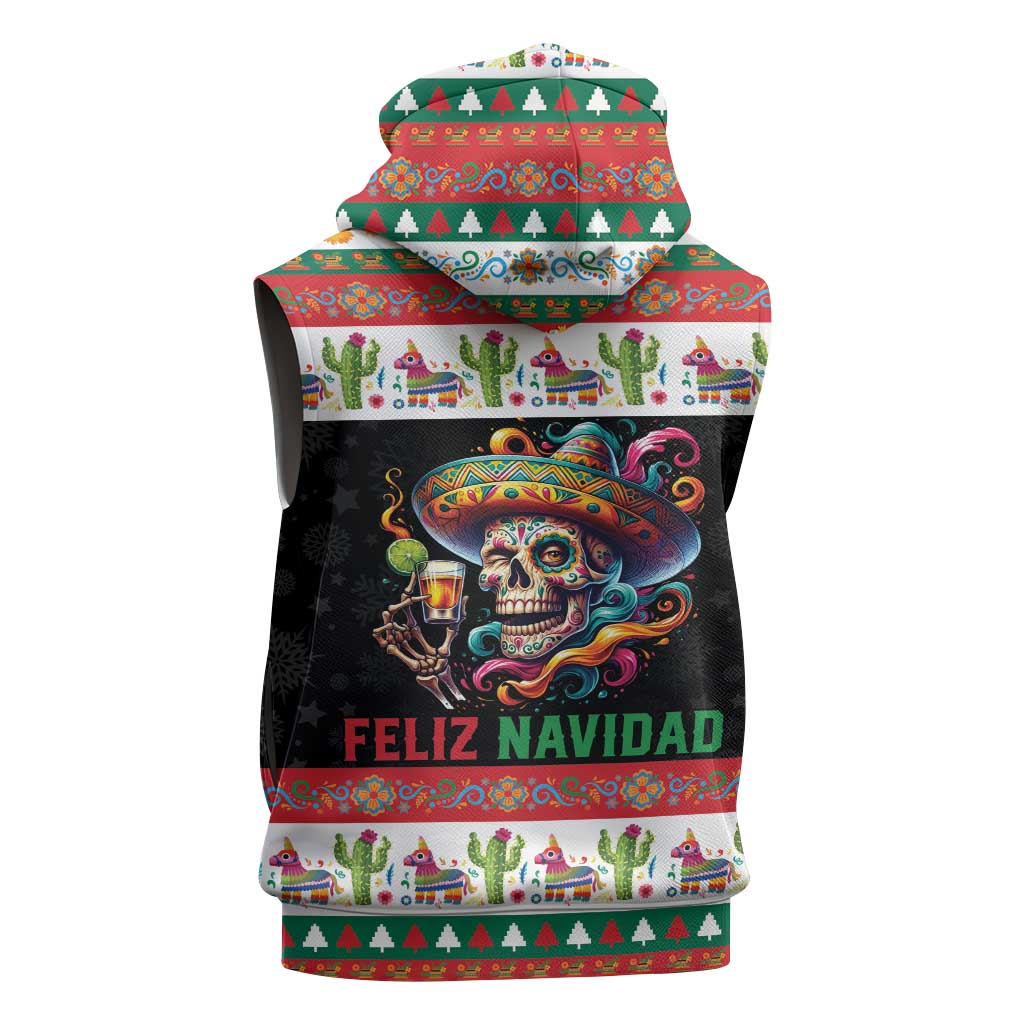 Mexican Sugar Skull Sleeveless Zip Hoodie Feliz Navidad Mexico - Wonder Print Shop