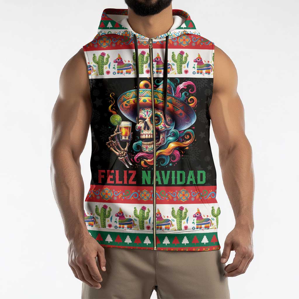 Mexican Sugar Skull Sleeveless Zip Hoodie Feliz Navidad Mexico - Wonder Print Shop