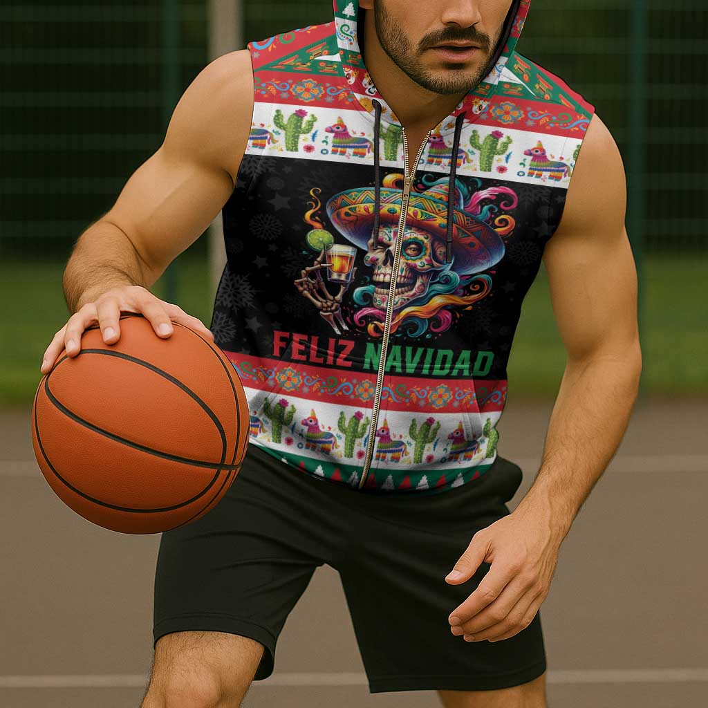 Mexican Sugar Skull Sleeveless Zip Hoodie Feliz Navidad Mexico - Wonder Print Shop