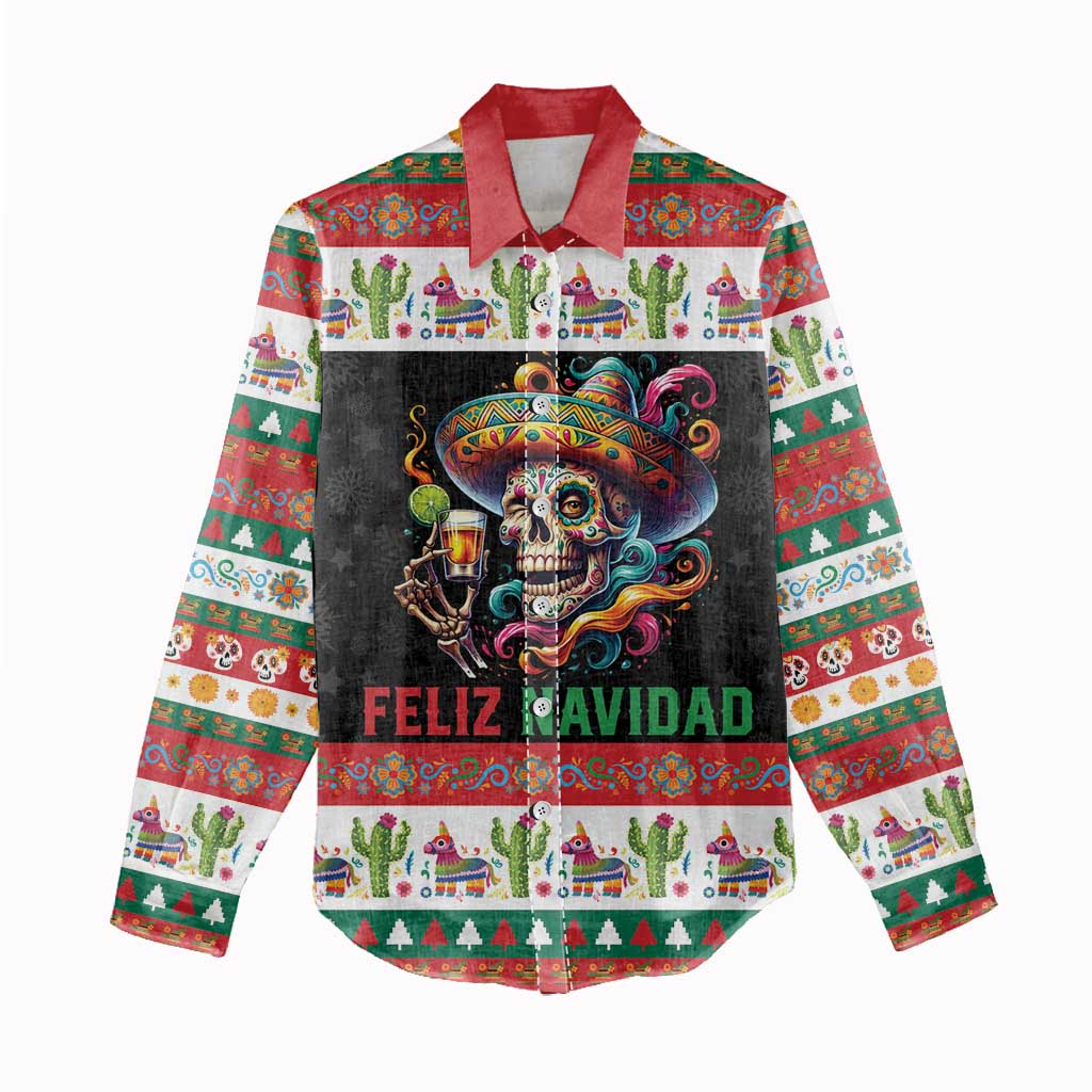 Mexican Sugar Skull Women Casual Shirt Feliz Navidad Mexico - Wonder Print Shop