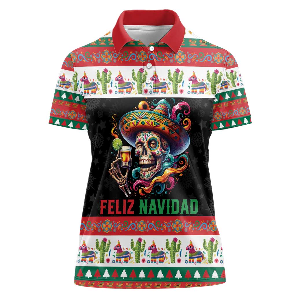 Mexican Sugar Skull Women Polo Shirt Feliz Navidad Mexico - Wonder Print Shop