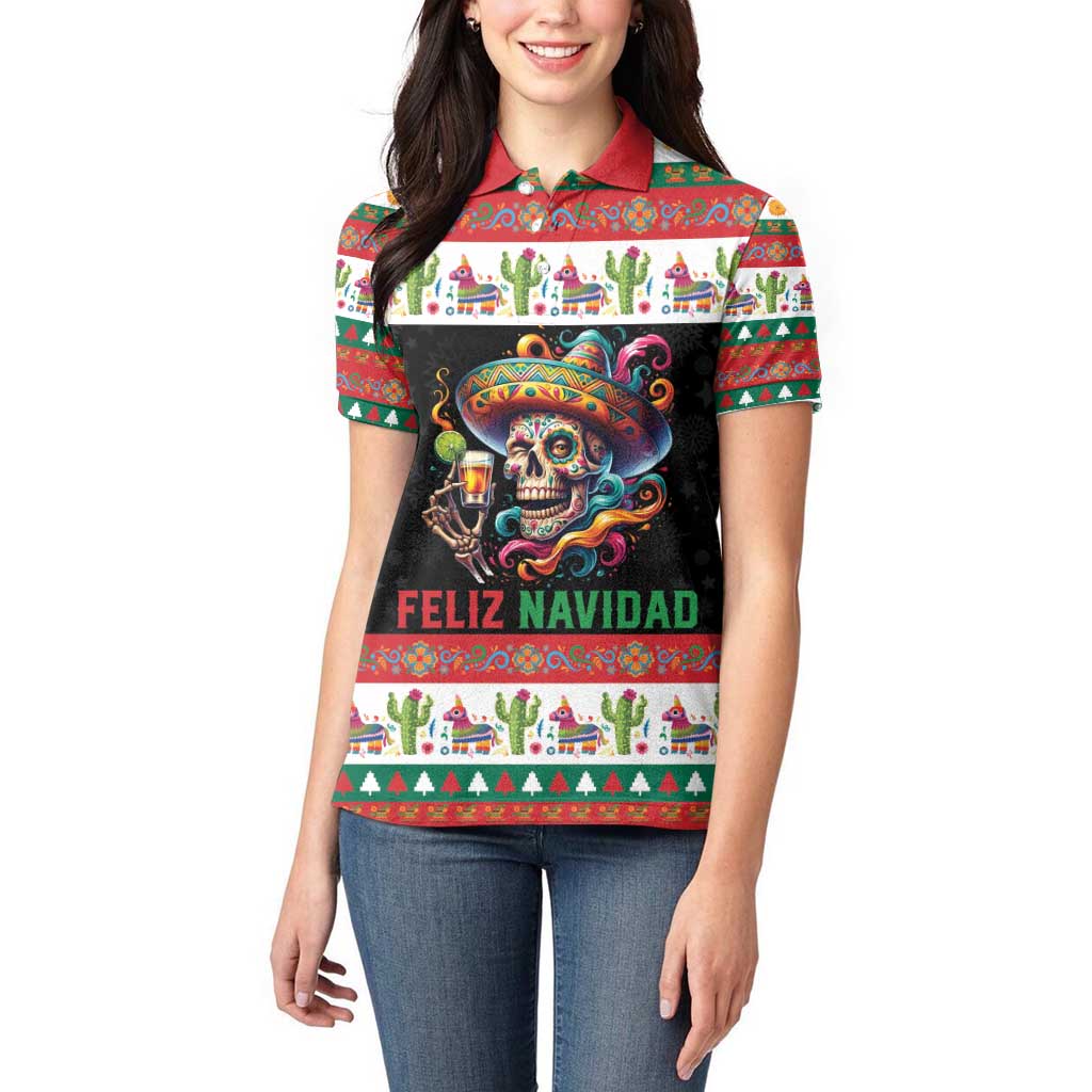 Mexican Sugar Skull Women Polo Shirt Feliz Navidad Mexico - Wonder Print Shop