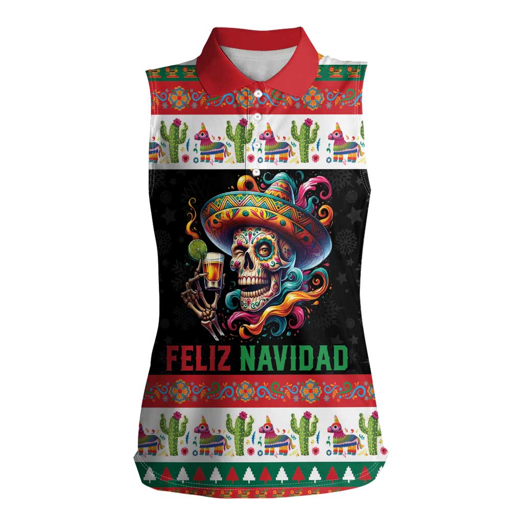 Mexican Sugar Skull Women Sleeveless Polo Shirt Feliz Navidad Mexico - Wonder Print Shop