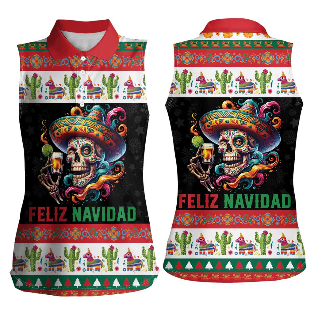 Mexican Sugar Skull Women Sleeveless Polo Shirt Feliz Navidad Mexico - Wonder Print Shop