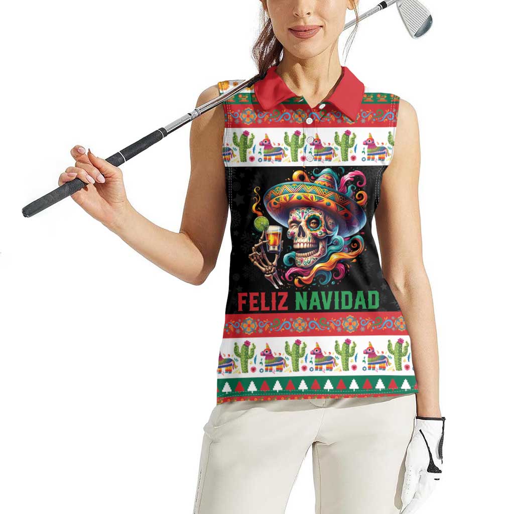 Mexican Sugar Skull Women Sleeveless Polo Shirt Feliz Navidad Mexico - Wonder Print Shop
