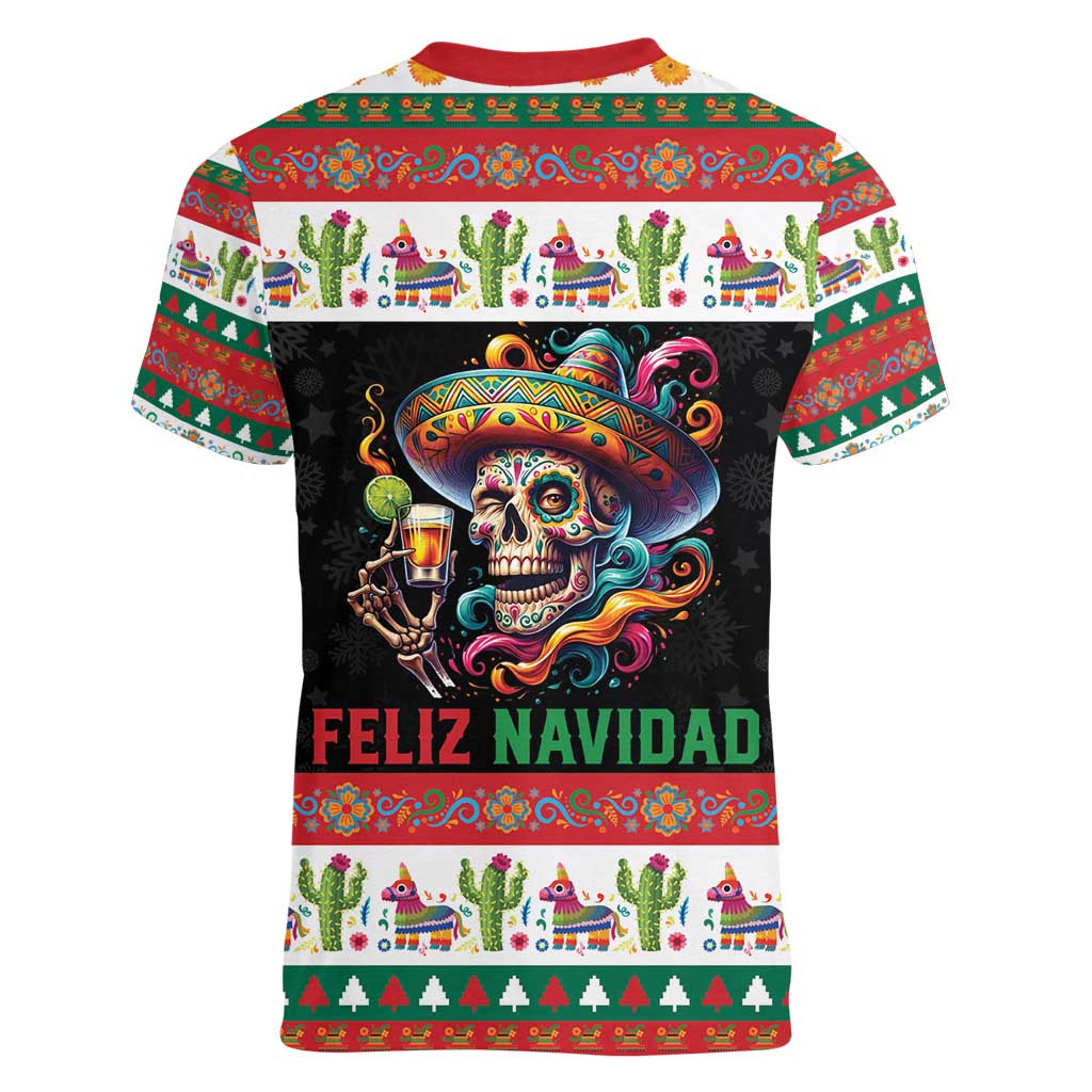 Mexican Sugar Skull Women V-Neck T-Shirt Feliz Navidad Mexico - Wonder Print Shop