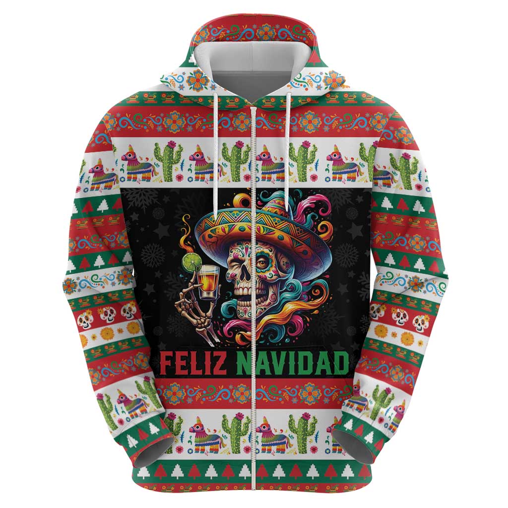 Mexican Sugar Skull Zip Hoodie Feliz Navidad Mexico - Wonder Print Shop
