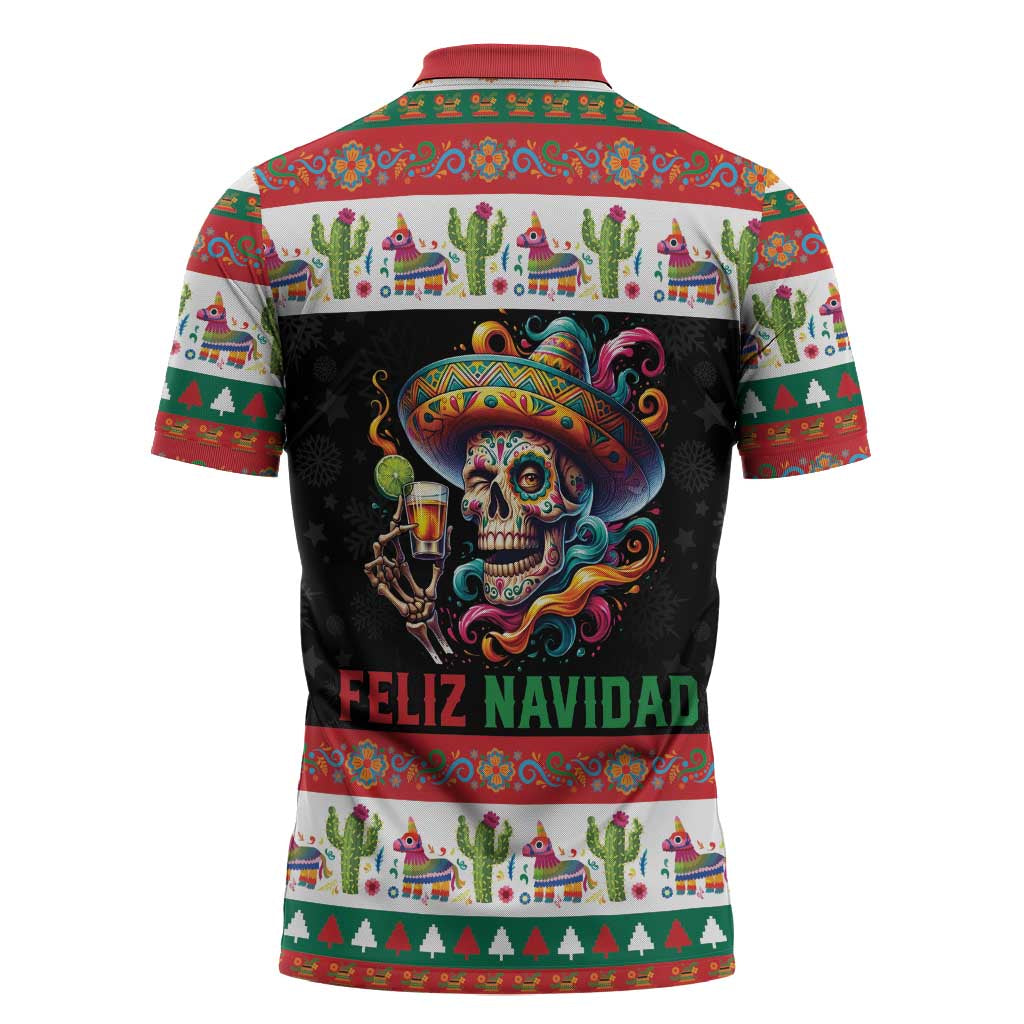 Mexican Sugar Skull Zipper Polo Shirt Feliz Navidad Mexico - Wonder Print Shop