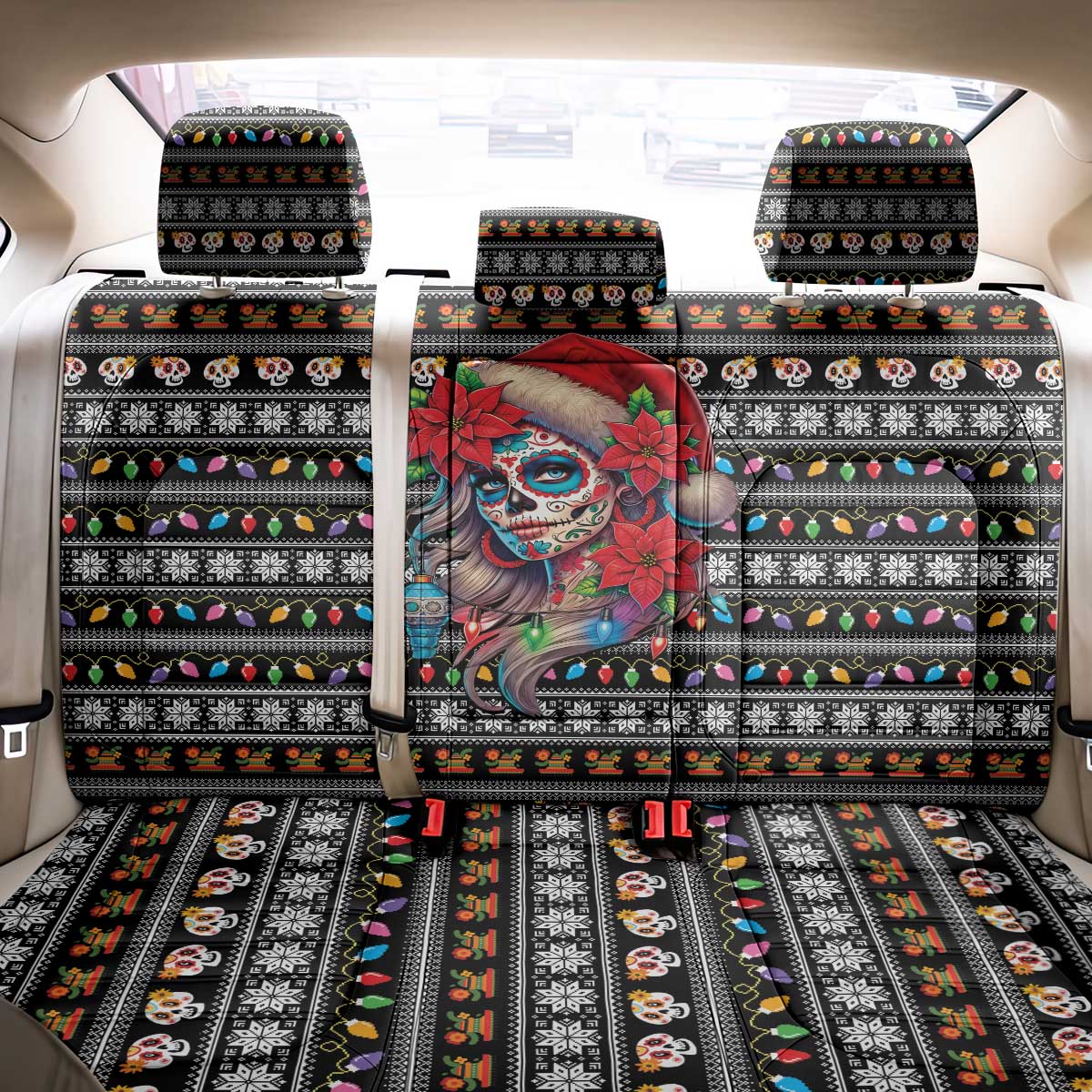 Mexican Sugar Skull Lady Christmas Back Car Seat Cover Feliz Navidad Mexico - Wonder Print Shop