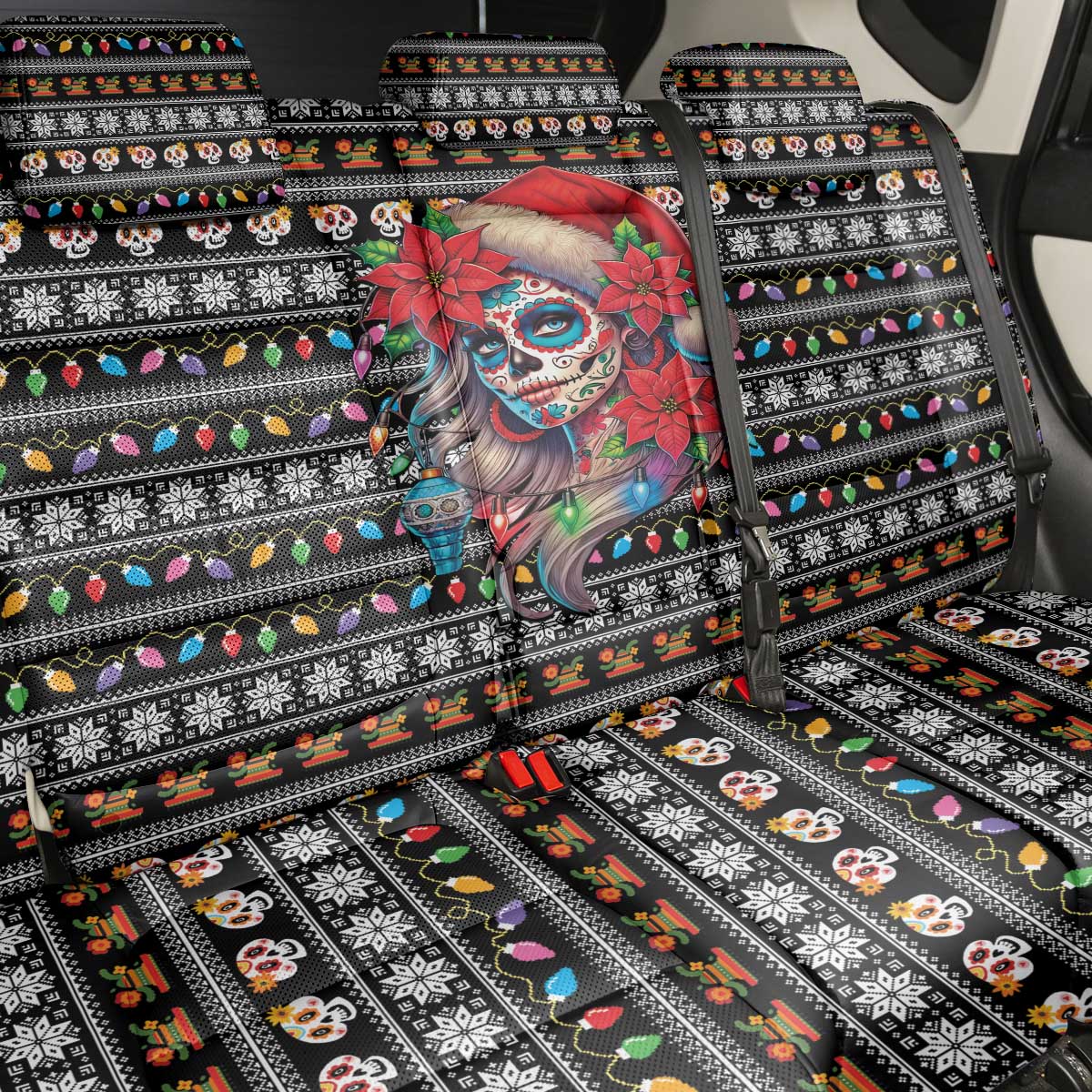 Mexican Sugar Skull Lady Christmas Back Car Seat Cover Feliz Navidad Mexico - Wonder Print Shop