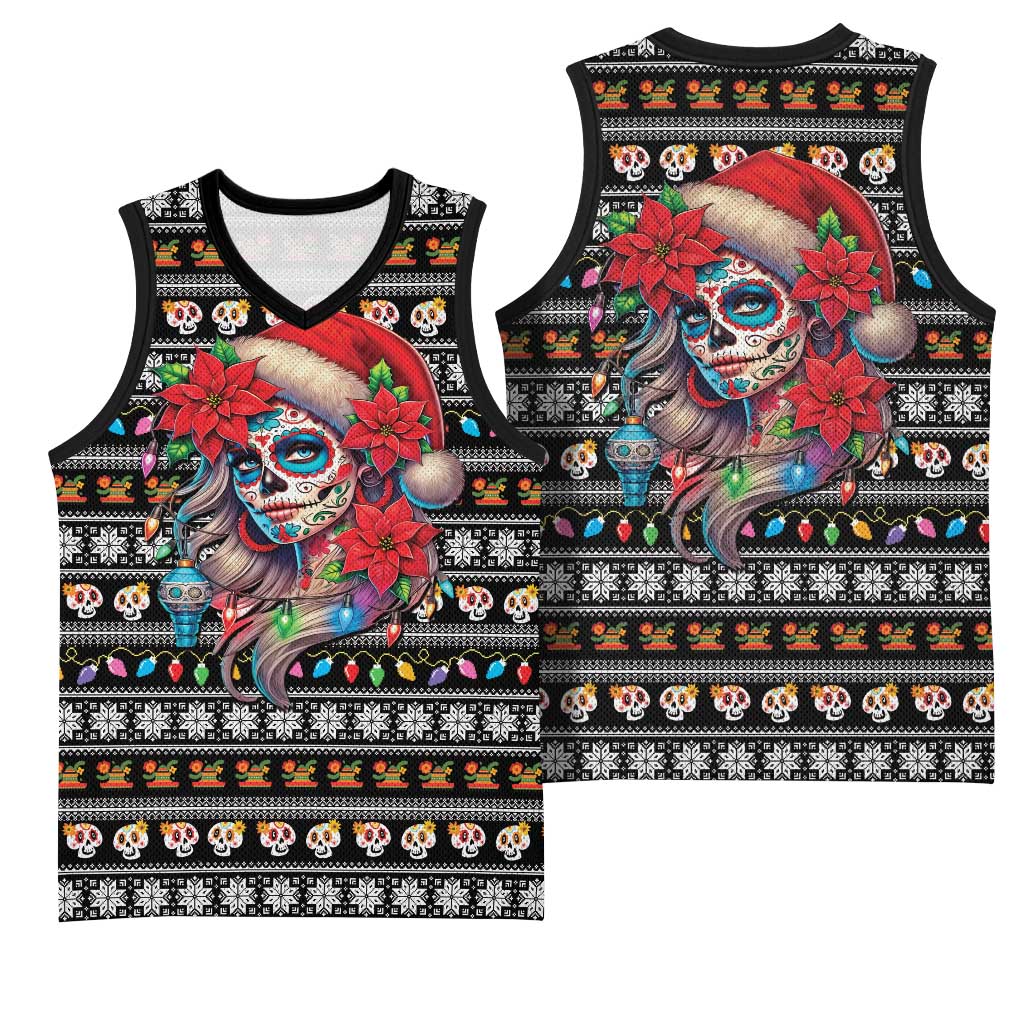 Mexican Sugar Skull Lady Christmas Basketball Jersey Feliz Navidad Mexico - Wonder Print Shop