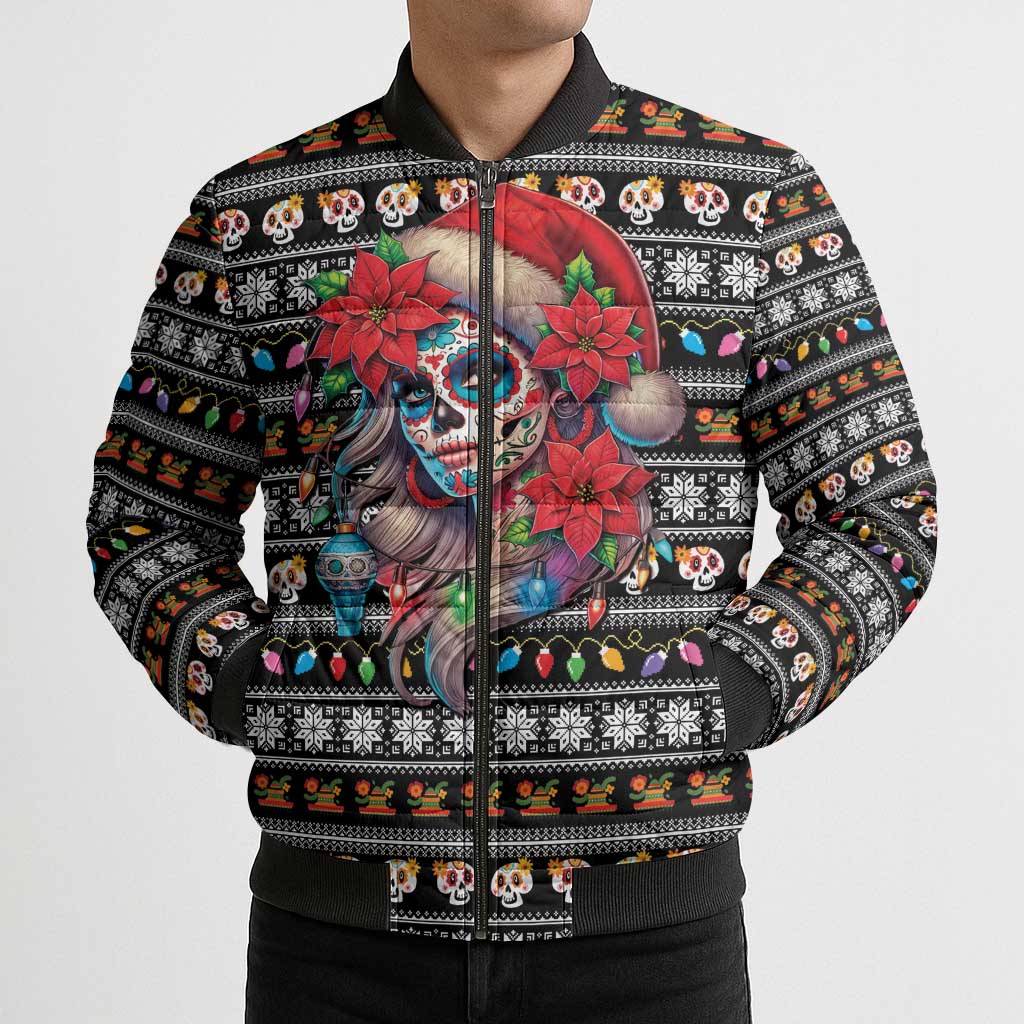 Mexican Sugar Skull Lady Christmas Bomber Puffer Jacket Feliz Navidad Mexico - Wonder Print Shop