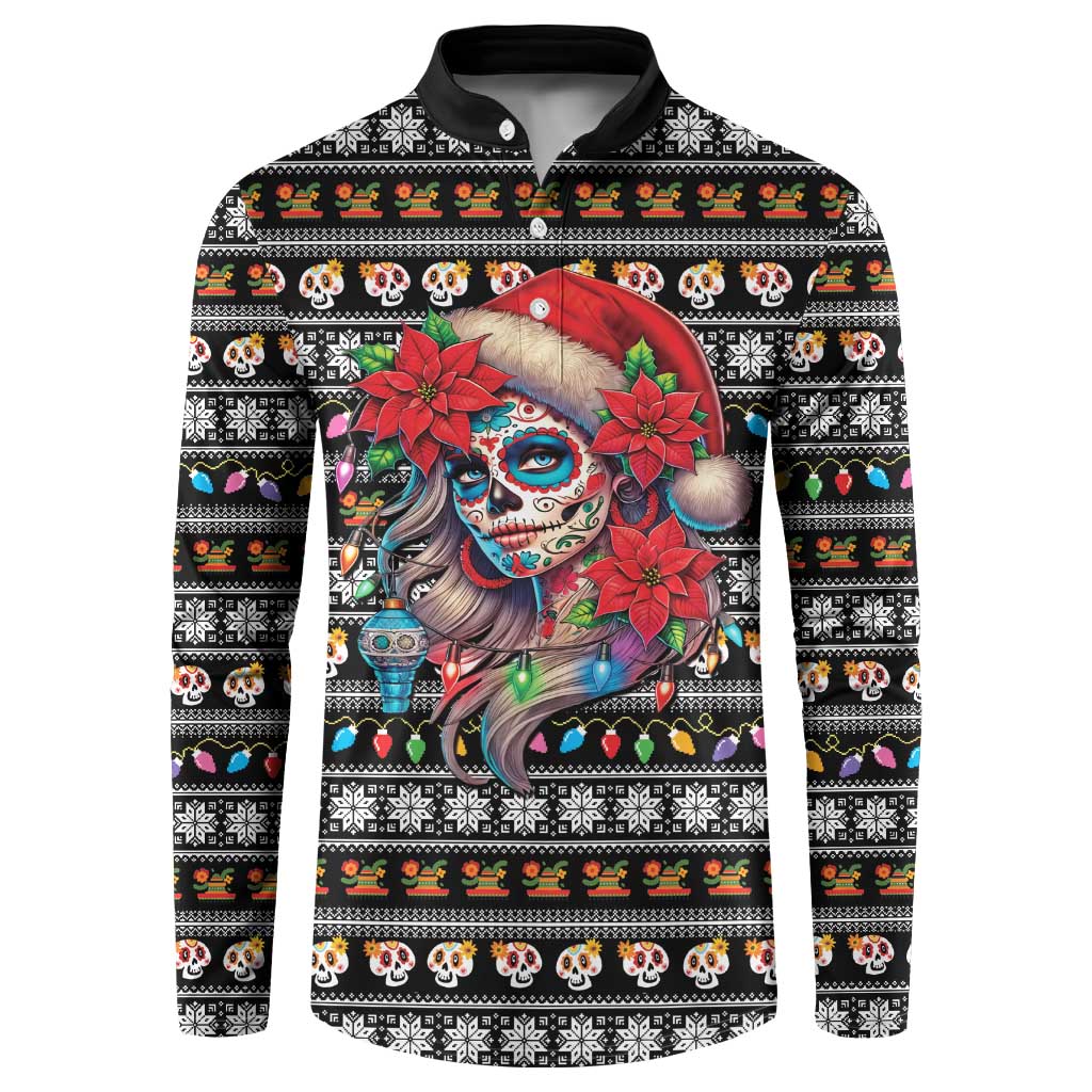 Mexican Sugar Skull Lady Christmas Button Sweatshirt Feliz Navidad Mexico - Wonder Print Shop