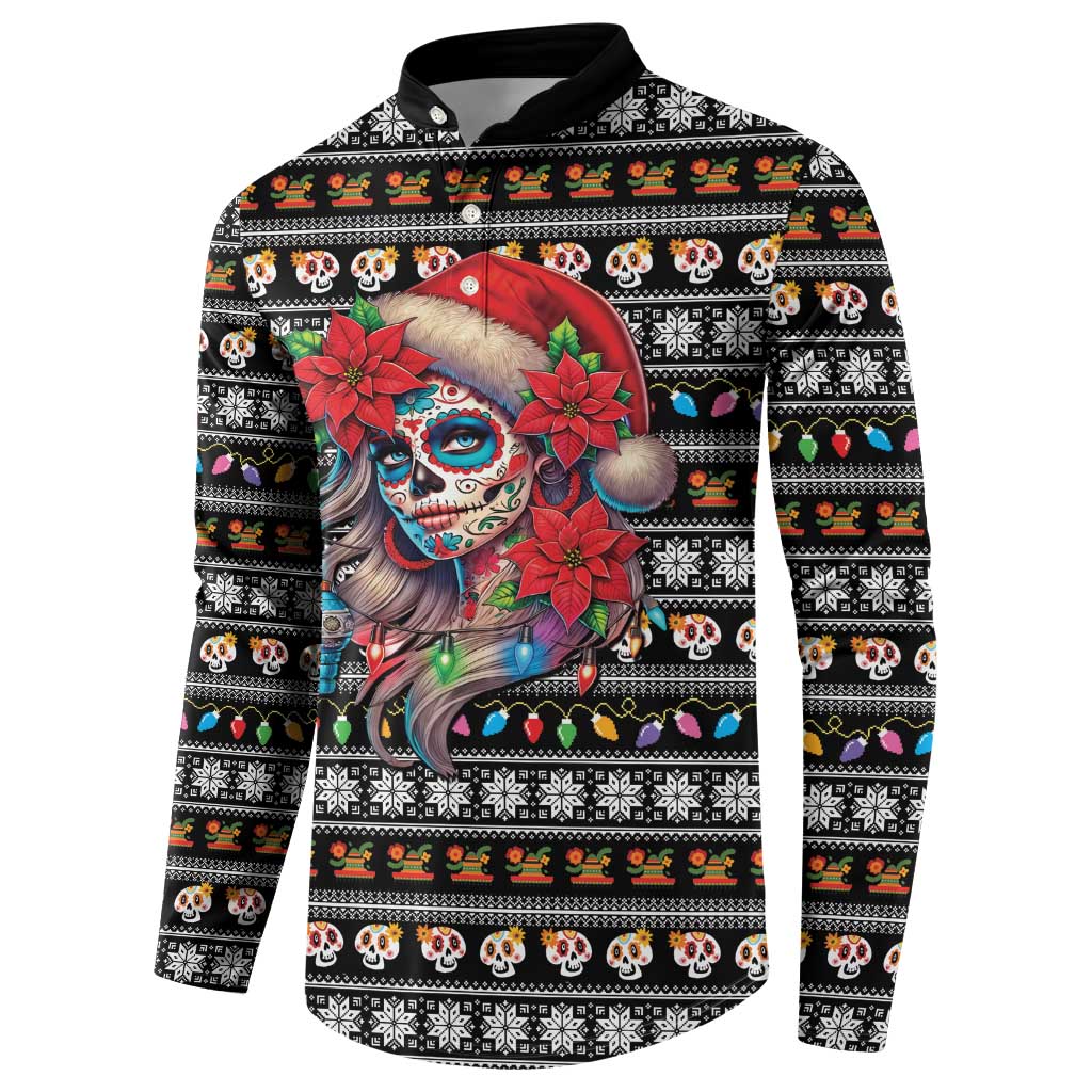 Mexican Sugar Skull Lady Christmas Button Sweatshirt Feliz Navidad Mexico - Wonder Print Shop