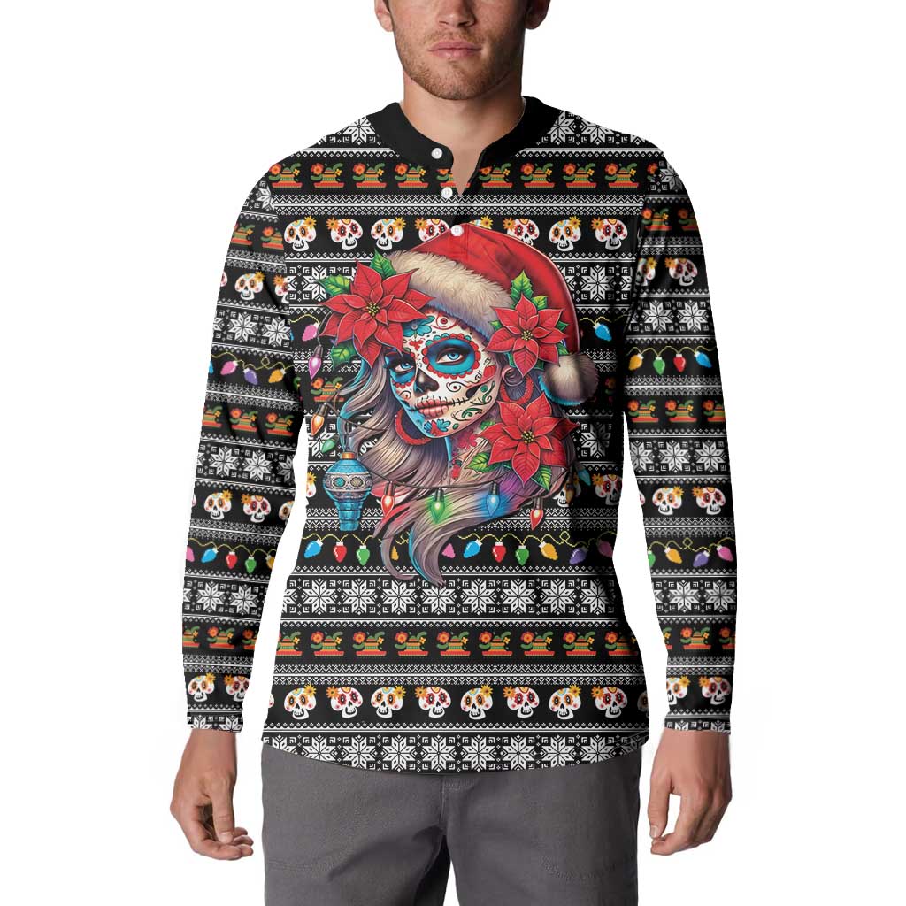 Mexican Sugar Skull Lady Christmas Button Sweatshirt Feliz Navidad Mexico - Wonder Print Shop