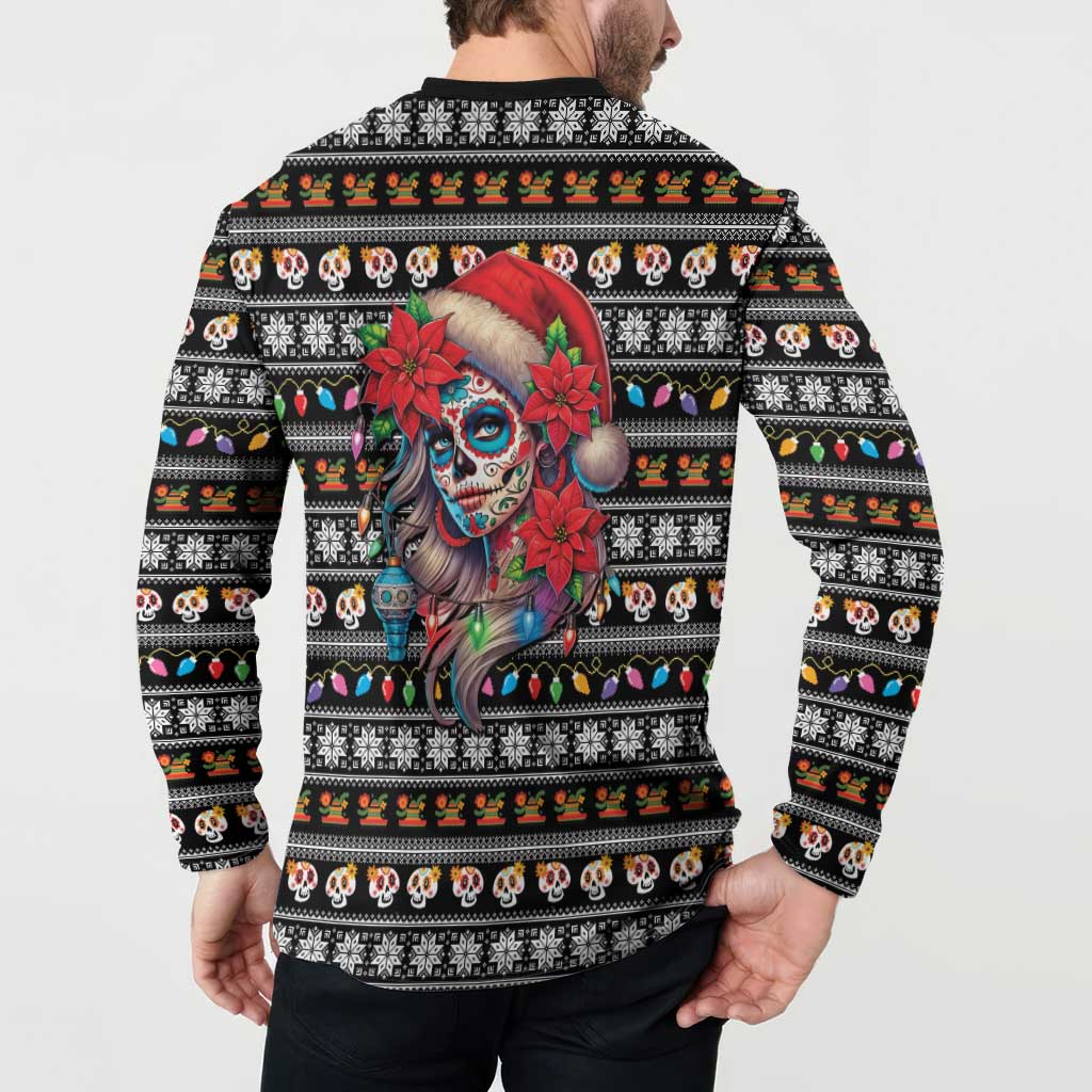 Mexican Sugar Skull Lady Christmas Button Sweatshirt Feliz Navidad Mexico - Wonder Print Shop