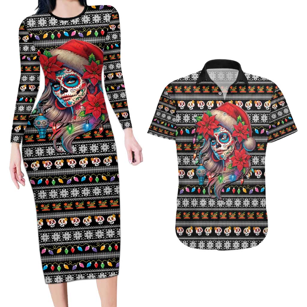 Mexican Sugar Skull Lady Christmas Couples Matching Long Sleeve Bodycon Dress and Hawaiian Shirt Feliz Navidad Mexico - Wonder Print Shop