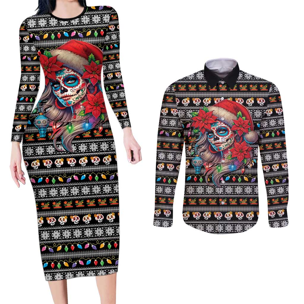 Mexican Sugar Skull Lady Christmas Couples Matching Long Sleeve Bodycon Dress and Long Sleeve Button Shirt Feliz Navidad Mexico - Wonder Print Shop