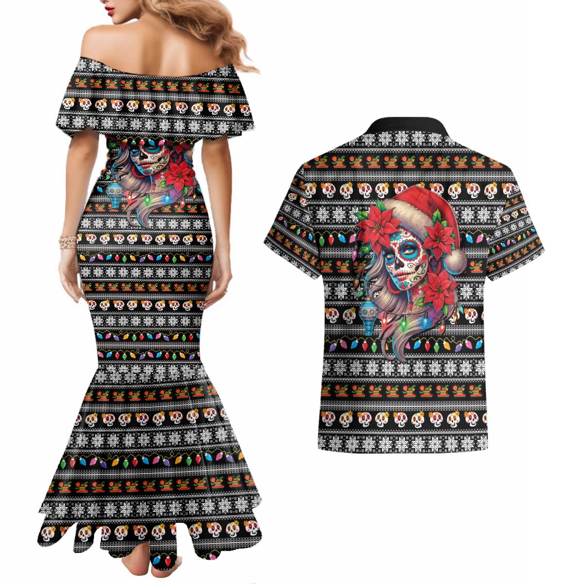 Mexican Sugar Skull Lady Christmas Couples Matching Mermaid Dress and Hawaiian Shirt Feliz Navidad Mexico - Wonder Print Shop