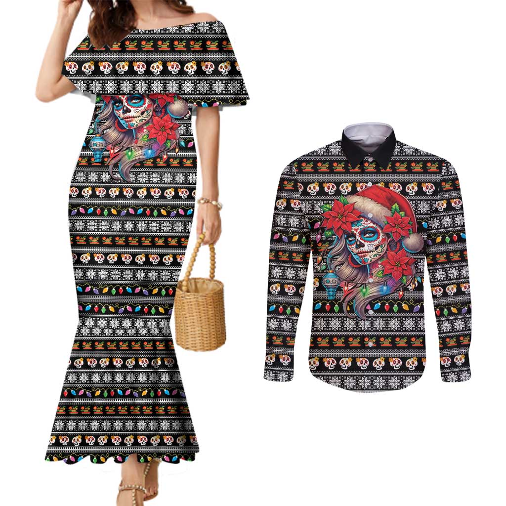 Mexican Sugar Skull Lady Christmas Couples Matching Mermaid Dress and Long Sleeve Button Shirt Feliz Navidad Mexico - Wonder Print Shop