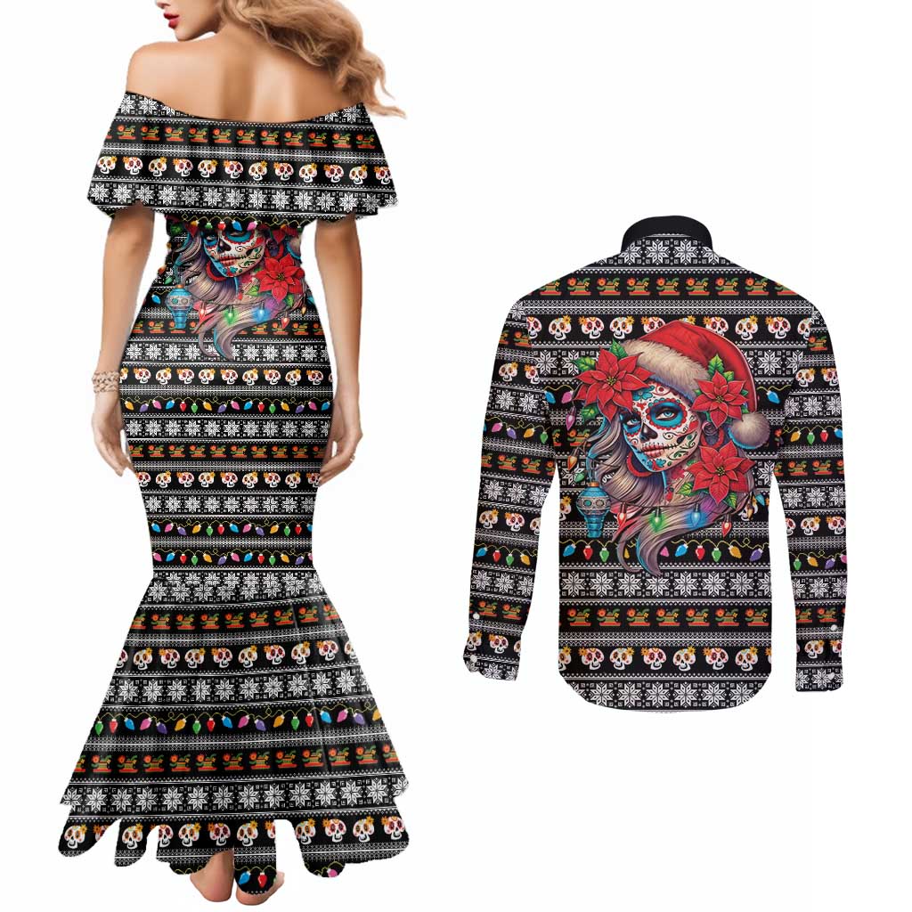 Mexican Sugar Skull Lady Christmas Couples Matching Mermaid Dress and Long Sleeve Button Shirt Feliz Navidad Mexico - Wonder Print Shop