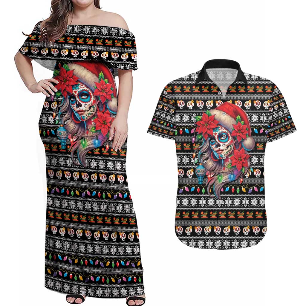 Mexican Sugar Skull Lady Christmas Couples Matching Off Shoulder Maxi Dress and Hawaiian Shirt Feliz Navidad Mexico - Wonder Print Shop